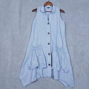 For Cynthia Dress Women's Medium Blue Striped Linen Blend Sleeveless Lagenlook